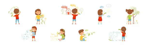 Vector illustration of Children Drawing on Wall with Colorful Crayons Vector Illustration Set