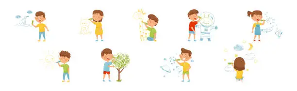 Vector illustration of Children Drawing on Wall with Colorful Crayons Vector Illustration Set