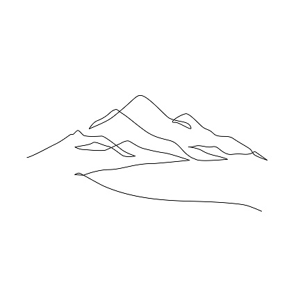 Abstract mountain range landscape, flat scenery background. Mountains panoramic view. One line nature illustration. Vector travel wallpaper for minimal poster, template, adventure tourism