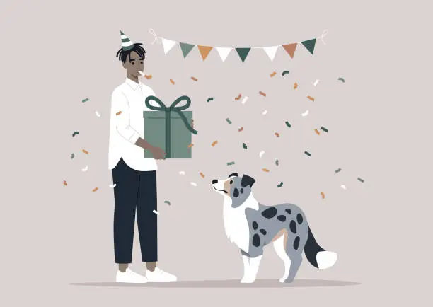 Vector illustration of Celebrating a blue marble Border Collies Birthday With Festive Cheer, An owner presents a gift to an attentive puppy amidst a shower of confetti