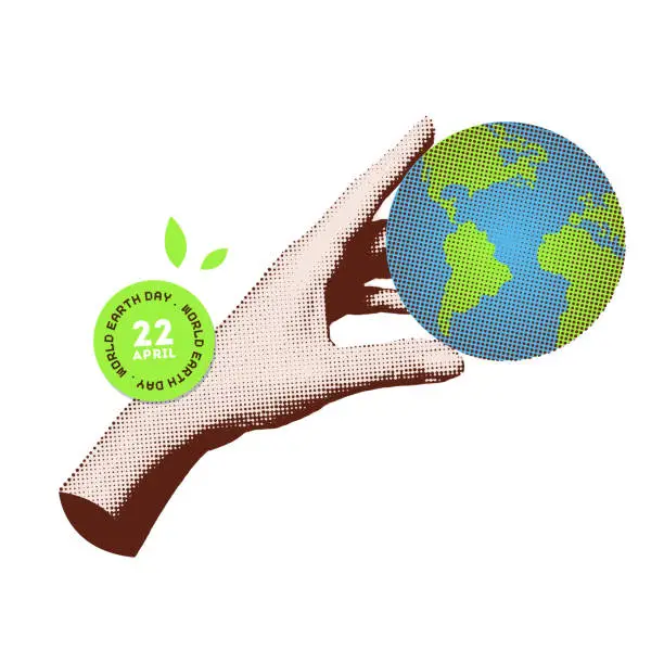 Vector illustration of World Earth day banner. Modern collage with halftone hand holding planet Earth. 22 April holiday. Trendy vector illustration.