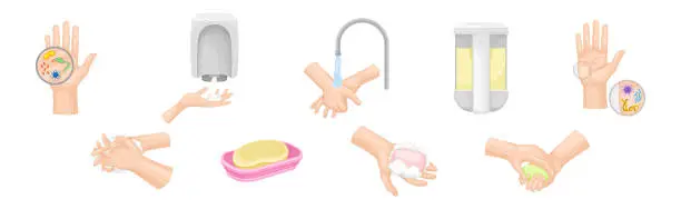 Vector illustration of Hand Washing Hygiene For Sanitary Care Vector Set