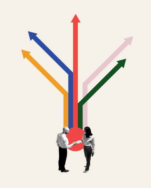 Man and woman, employees shaking hands over multicolored arrows going different ways symbolizing diverse business strategies. Contemporary art collage.
