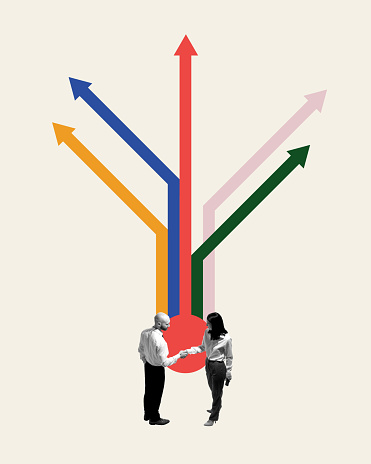 Man and woman, employees shaking hands over multicolored arrows going different ways symbolizing diverse business strategies. Contemporary art collage. Concept of business, teamwork, agreement