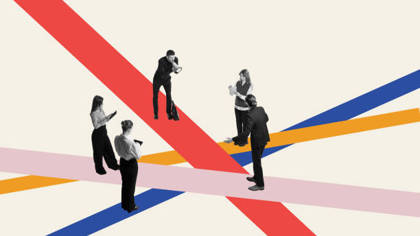 Employees standing on multicolored lines, engaged in discussions and debates, symbolizing dynamic exchange of ideas. Contemporary art collage.