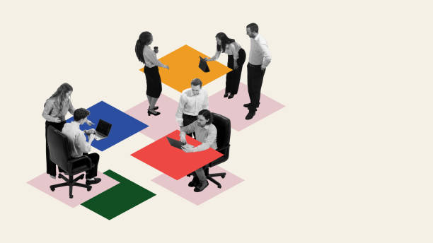 istock Employees sitting at different tables, cooperating with each other and doing different tasks. Contemporary art collage. Collective effort to achieve goals 2147731037