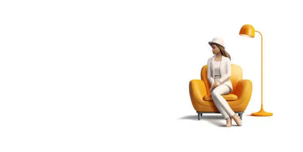 Vector illustration of A young woman, a girl in stylish clothes, sits in a soft orange chair 3D. For beauty, business, waiting, service, lifestyle advertising concepts. Vector