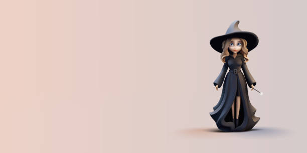istock 3D witch, sorceress in stylish black clothes and hat with magic wand in hand. Character for children, celebrations, product branding. Vector 2147836073