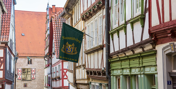 Panorama of half timbered houses in the historc city of Muhlhausen, Germany