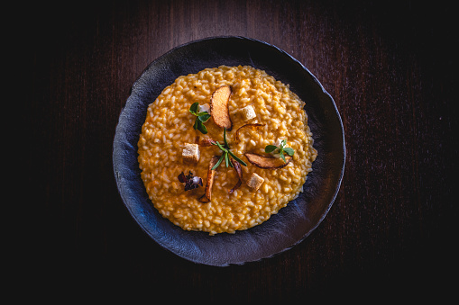 View of a seafood risotto at restaurant