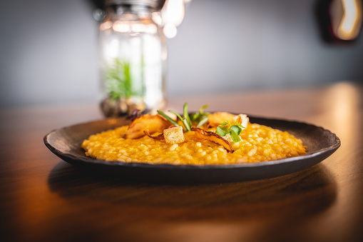 View of a seafood risotto at restaurant