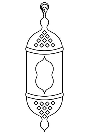 Moroccan candlestick. Sketch. Vector illustration. An elongated hanging lantern with a patterned window. The lamp is decorated with rhombus to diffuse light. Outline on isolated background. Doodle style. Coloring book for children. Idea for web design.