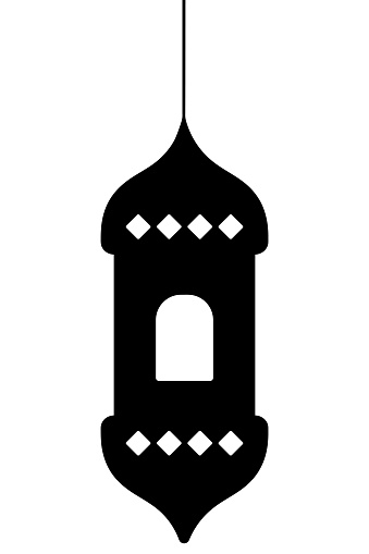 Moroccan candlestick. Silhouette. Vector illustration. Dark lantern sconce hanging. Outline on isolated background. The lamp is decorated with rhombus through which light is diffused. Idea for web design.