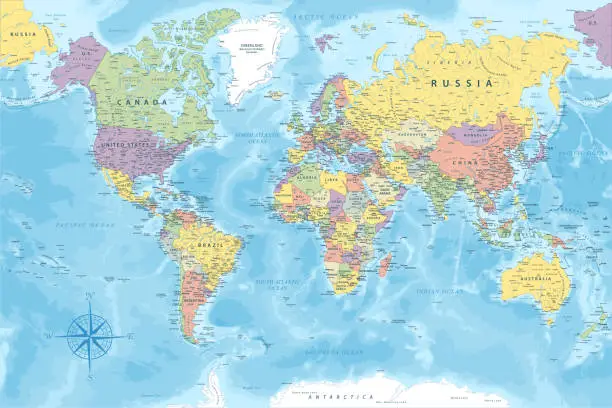 Vector illustration of World Map - Highly Detailed Colored Vector Map of the World. Ideally for the Print Posters.
