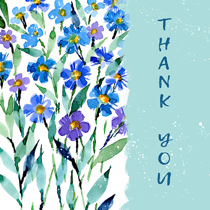 A postcard with a floral bouquet of forget-me-nots on a white Background. Watercolor abstract flowers with gratitude. Wedding flowers on a postcard. Text Thank you on turquoise Backdrop
