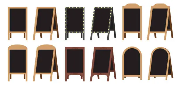 Vector illustration of Set of street sandwich empty stands black menu boards. Welcome wooden stands signs with black side. Vector collection.