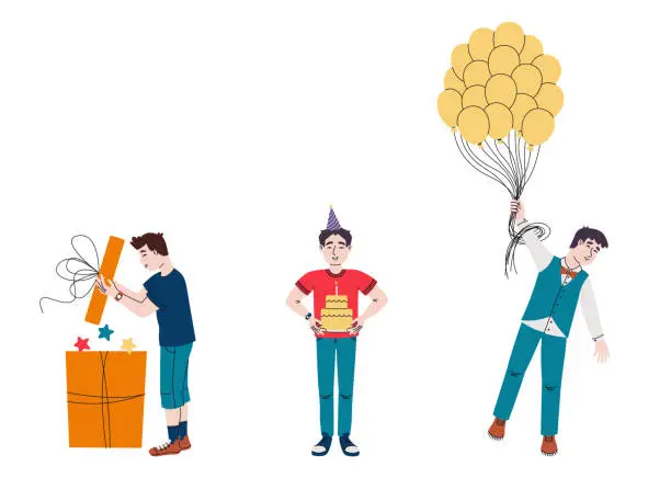 Vector illustration of Set of men with different birthday items.