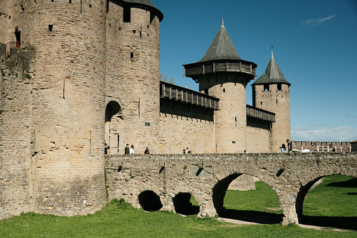 Carcassonne, France - 29 March, 2024: Main entrance of Chateau Comtal in Carcassonne