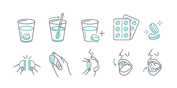 Taking pills concept set. Instruction how to take effervescent tablet and various drug correctly with glass water, sublingual under the tongue and buccal. Vector illustration.