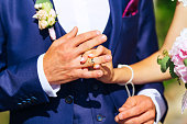 A close-up exchange of wedding rings on a wedding ceremony. The