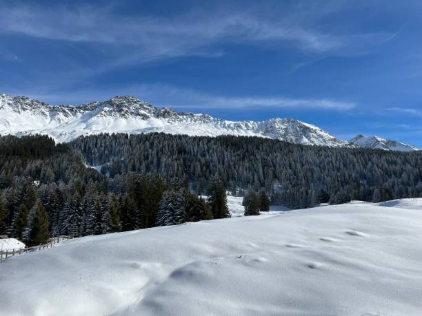 Beautiful sunlit and snow-capped alpine peaks above the Swiss tourist sports-recreational winter resorts of Valbella and Lenzerheide in the Swiss Alps - Canton of Grisons, Switzerland (Schweiz) stock photo