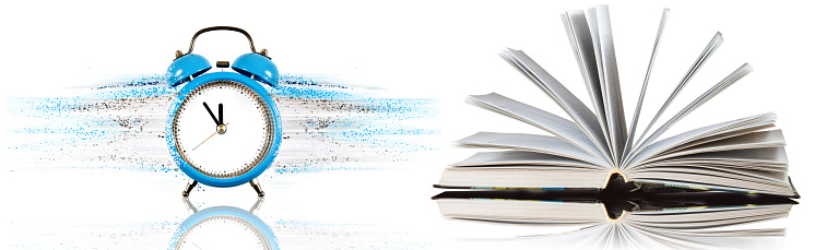 Abstract image of a clock with particles coming off of it and a book with open pages on a white background