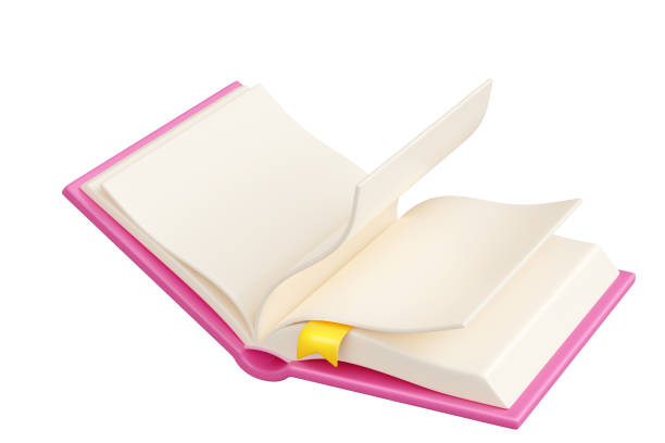 Open book with pink hardcover 3d render illustration. Opening literature with empty white paper pages and yellow bookmark for reading hobby and education concept. Bookstore and library element.