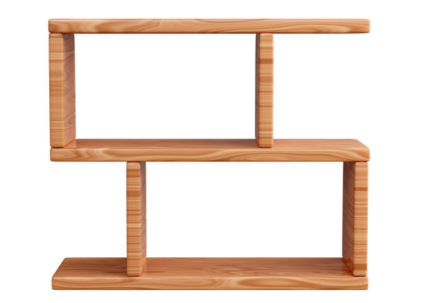 Empty wooden shelf with wall mounting. 3D render illustration of blank bookshelf mockup with light brown wood texture. Store or home interior board rack for storage and product display.