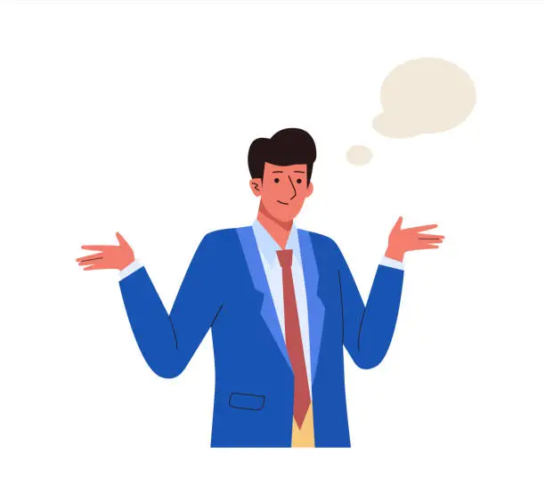 Vector illustration of Businessman in suit wondering with speech bubbles. Surprised shocked male character design in a questioned pose