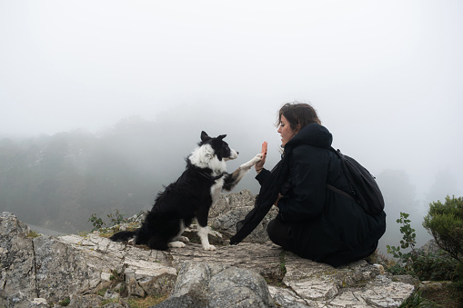 Young woman in sportswear sitting on a rock training her border collie dog