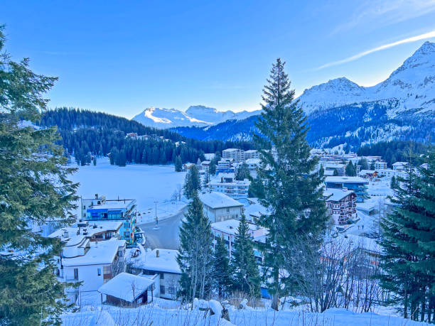 An early frosty morning in the snow-covered Swiss tourist alpine resort of Arosa - Canton of Grisons, Switzerland (Schweiz) stock photo