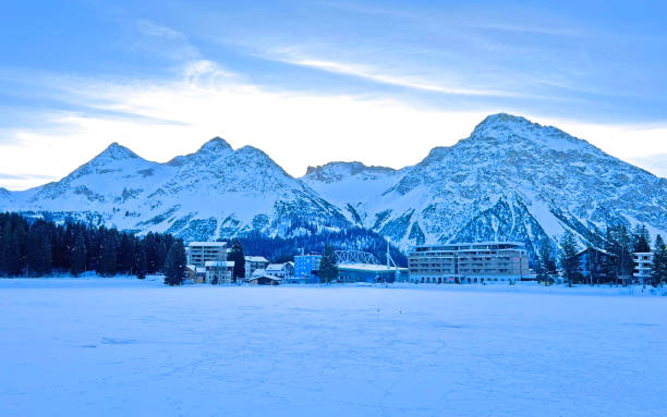 An early frosty morning in the snow-covered Swiss tourist alpine resort of Arosa - Canton of Grisons, Switzerland (Schweiz) stock photo