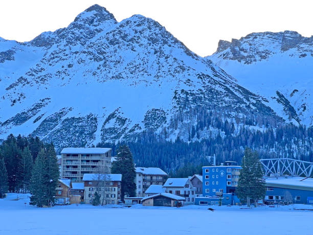 An early frosty morning in the snow-covered Swiss tourist alpine resort of Arosa - Canton of Grisons, Switzerland (Schweiz) stock photo