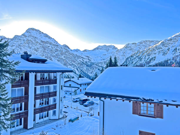 An early frosty morning in the snow-covered Swiss tourist alpine resort of Arosa - Canton of Grisons, Switzerland (Schweiz) stock photo