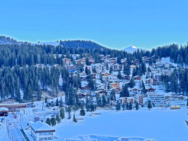 An early frosty morning in the snow-covered Swiss tourist alpine resort of Arosa - Canton of Grisons, Switzerland (Schweiz) stock photo