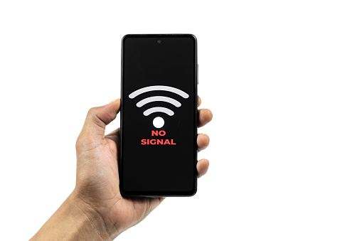 Cellular Problems Concepts. Man hand holding Smart phone with No Signal icon on screen isolated on white background. All screen graphics are made up.