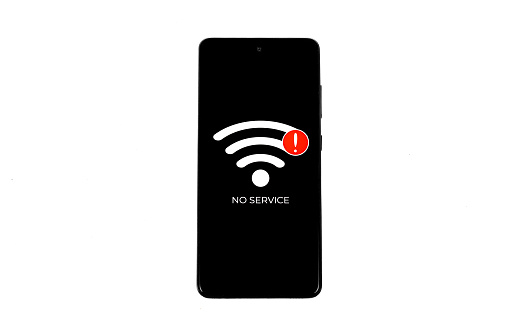 Cellular Problems Concepts. Smartphone with No Service icon on screen isolated on white background. All screen graphics are made up.