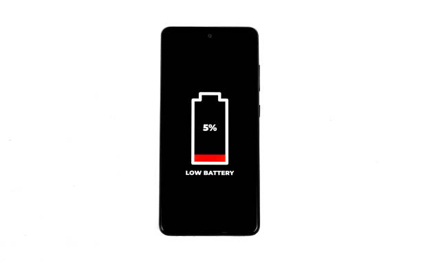 istock Cellular Problems and Energy Concepts. Smart phone with low battery icon on screen isolated on white background. All screen graphics are made up. 2148028893