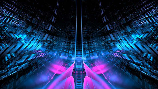 Blue and pink lights interact in an abstract display, creating a visually striking contrast and movement. 3d render