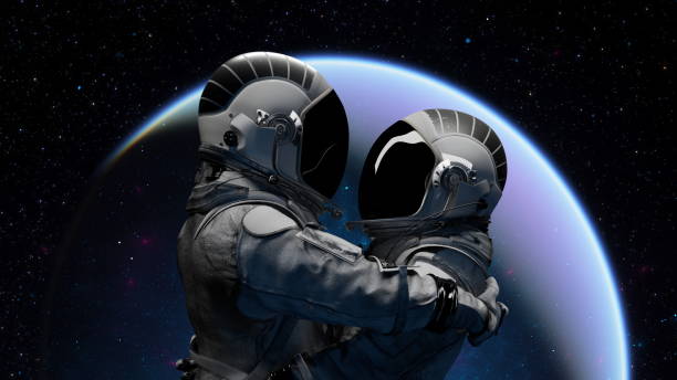 astronauts in space, one holding the other, with earth in the background under starry sky. love. 3d render - astronaut space zero gravity spacewalk imagens e fotografias de stock