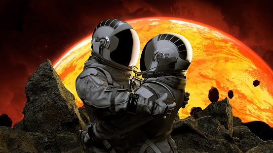 Astronauts sharing a hug on an alien world, with a massive red sun looming in the background. Love. 3d render
