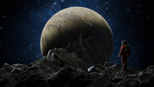 istock Astronaut gazes at a large planet from a rocky, extraterrestrial surface under a night sky dotted with stars. 3d render 2148028995