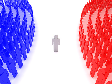 Gray human shape standing out of crowd must make choice