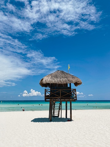 Lifeguard Watchtower, Playacar Beach, Quintana Roo, sunny day, Mexico. High quality photo