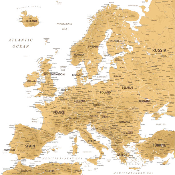 europa - hochdetaillierte relieftopographische vektorkarte von europa. ideal für die printplakate. goldener retro-stil - iceland map city map relief map stock-grafiken, -clipart, -cartoons und -symbole