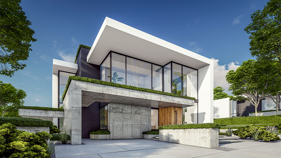 Luxurious modern villa with garden. 3d rendering.