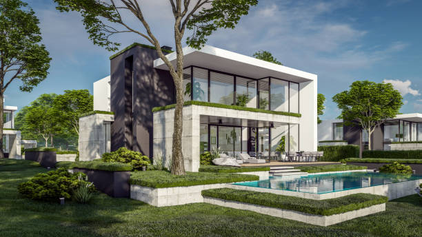 istock 3d rendering of flat roof house with concrete facade 2148031390