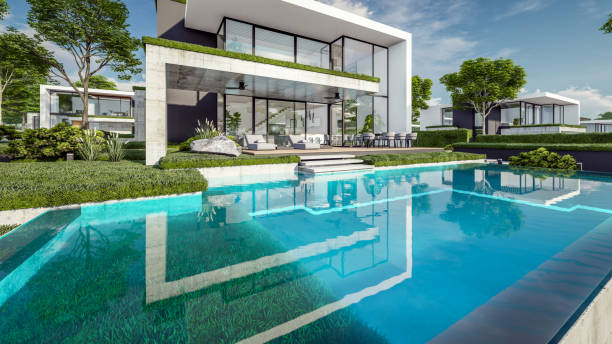 istock 3d rendering of flat roof house with concrete facade 2148031409
