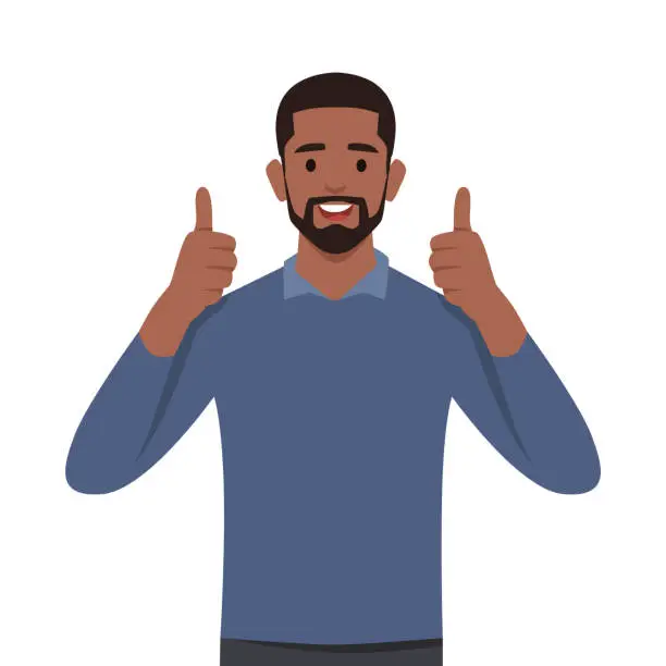 Vector illustration of Young man character shows gesture cool with two thumbs up.