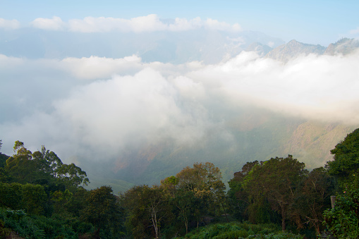 View of the foggy mountains in the morning, from Munnar top station.